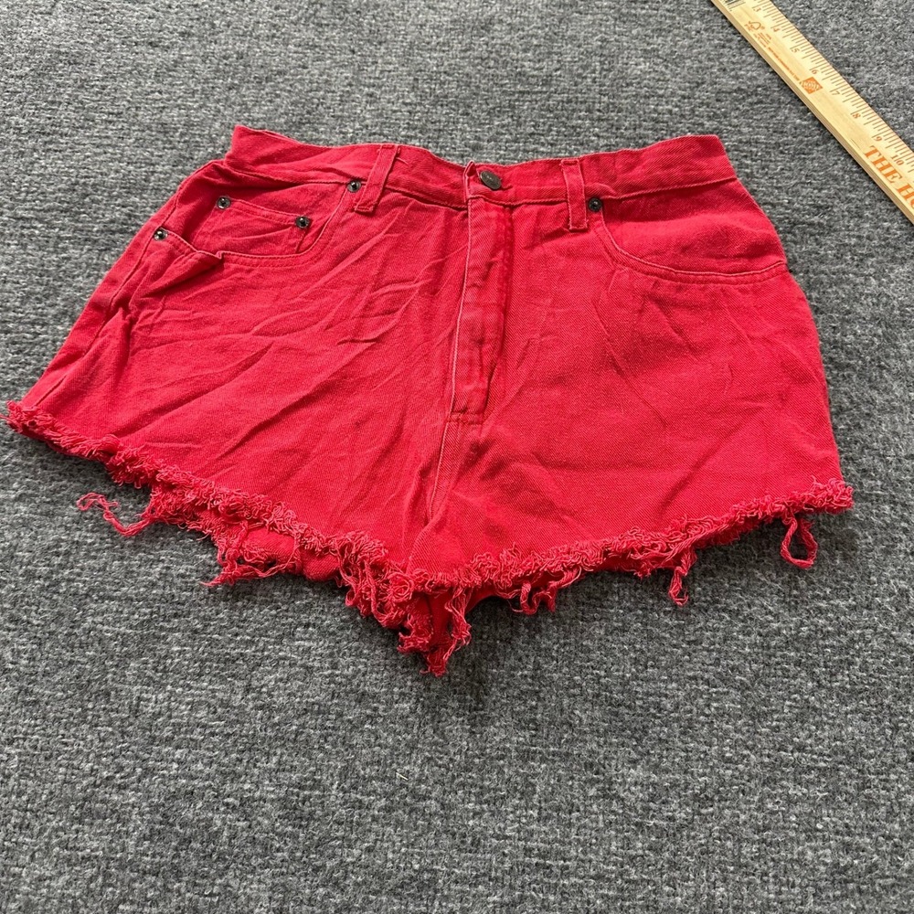 Bill Blass Denim Shorts Womens Size 10 Red Rhinestone High Waist Raw Hem Cut-Off